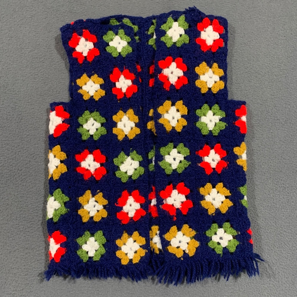 Handmade Crochet Long Vest Kids XS 4/5 Navy Blue Granny Square Boho Hippie 70s